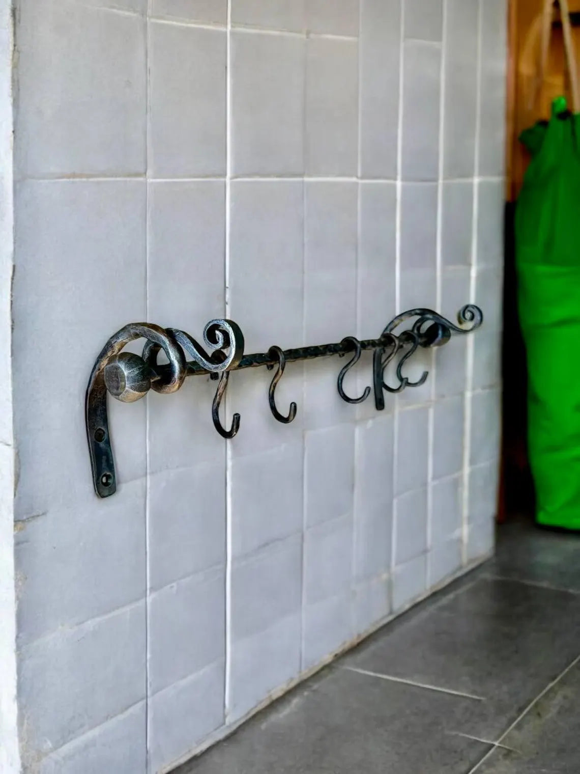 Hand Forged Iron Pot Rack: Rustic Kitchen Utensil Rail
