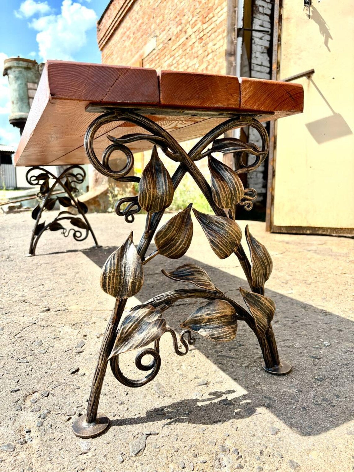 Hand Forged Wrought Iron Bench Legs: Rustic Vine & Leaf Design