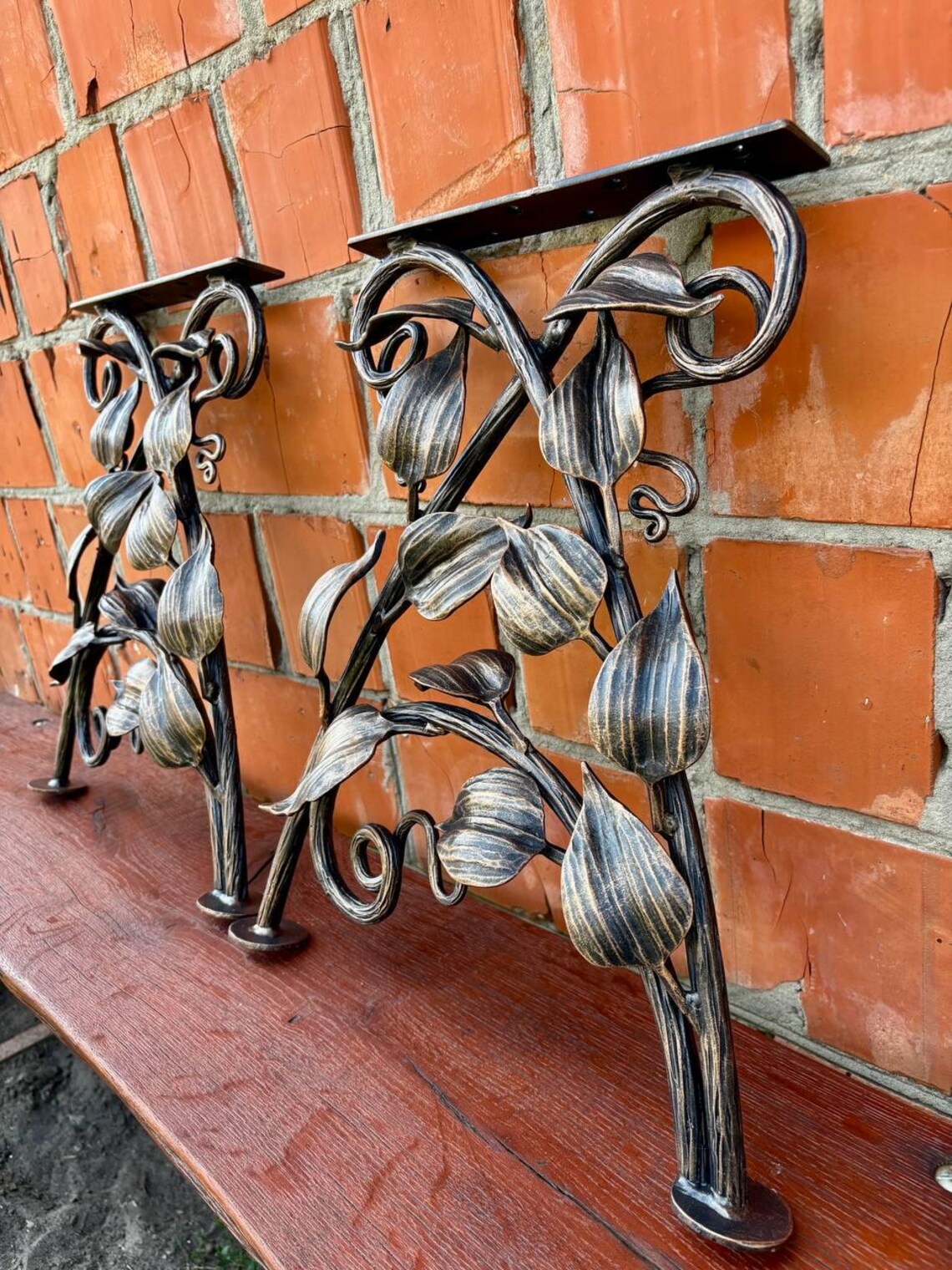Hand Forged Wrought Iron Bench Legs: Rustic Vine & Leaf Design
