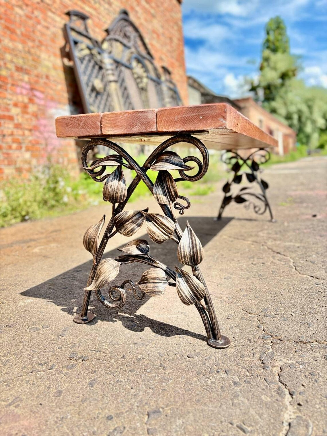 Hand Forged Wrought Iron Bench Legs: Rustic Vine & Leaf Design