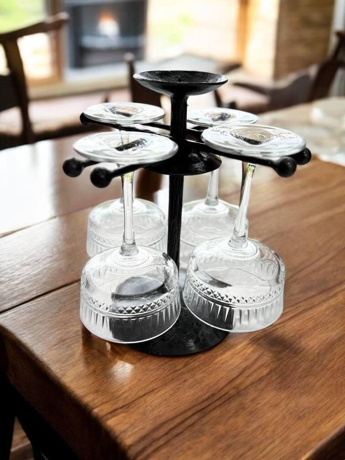 Hand Forged Iron Wine Glass Holder with Candle Tray: Rustic Bar Centerpiece, gift for the new arrival
