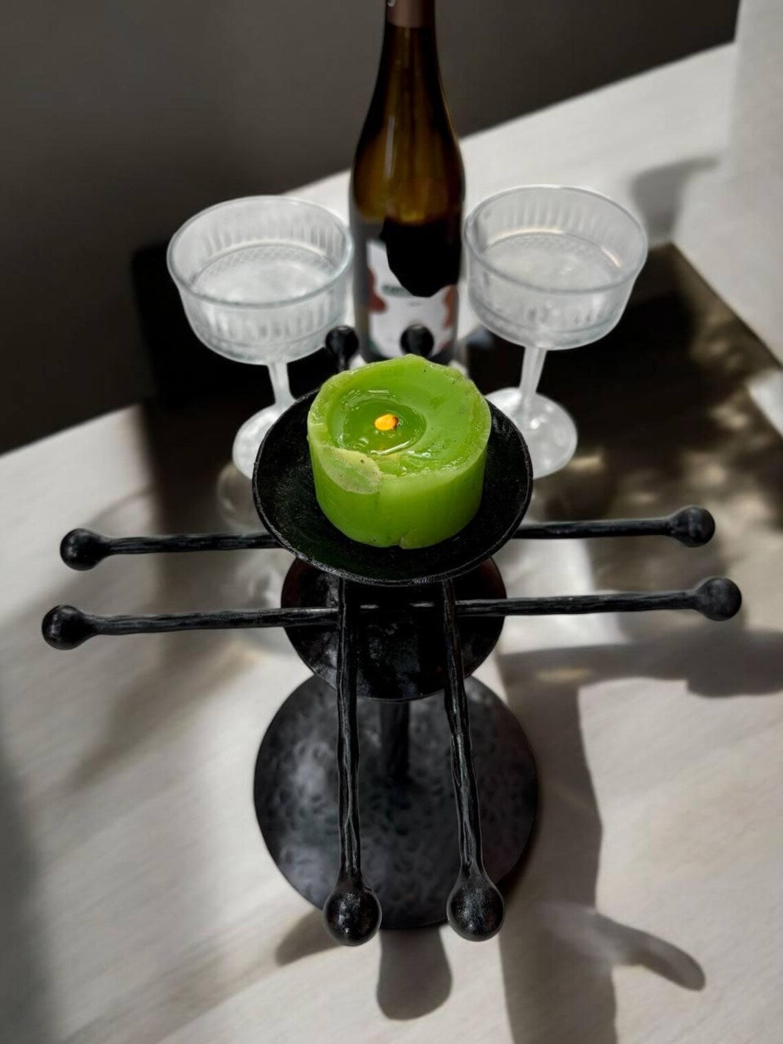 Hand Forged Iron Wine Glass Holder with Candle Tray: Rustic Bar Centerpiece, gift for the new arrival