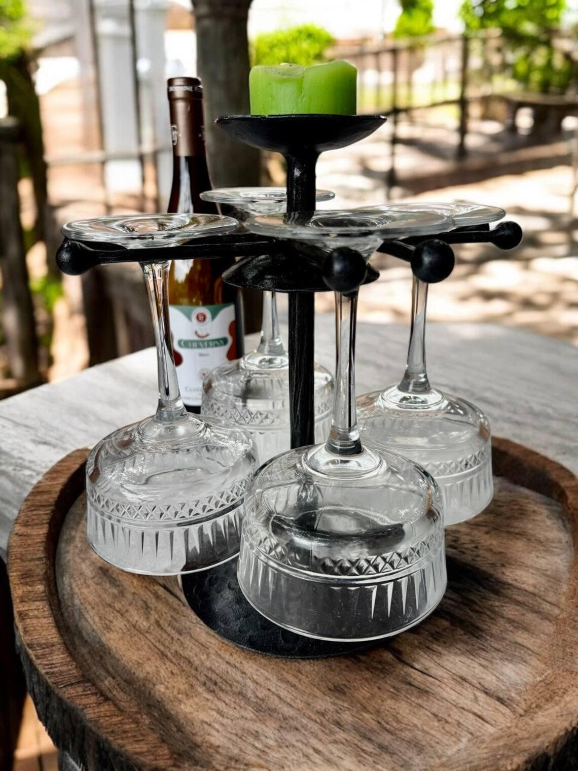 Hand Forged Iron Wine Glass Holder with Candle Tray: Rustic Bar Centerpiece, gift for the new arrival