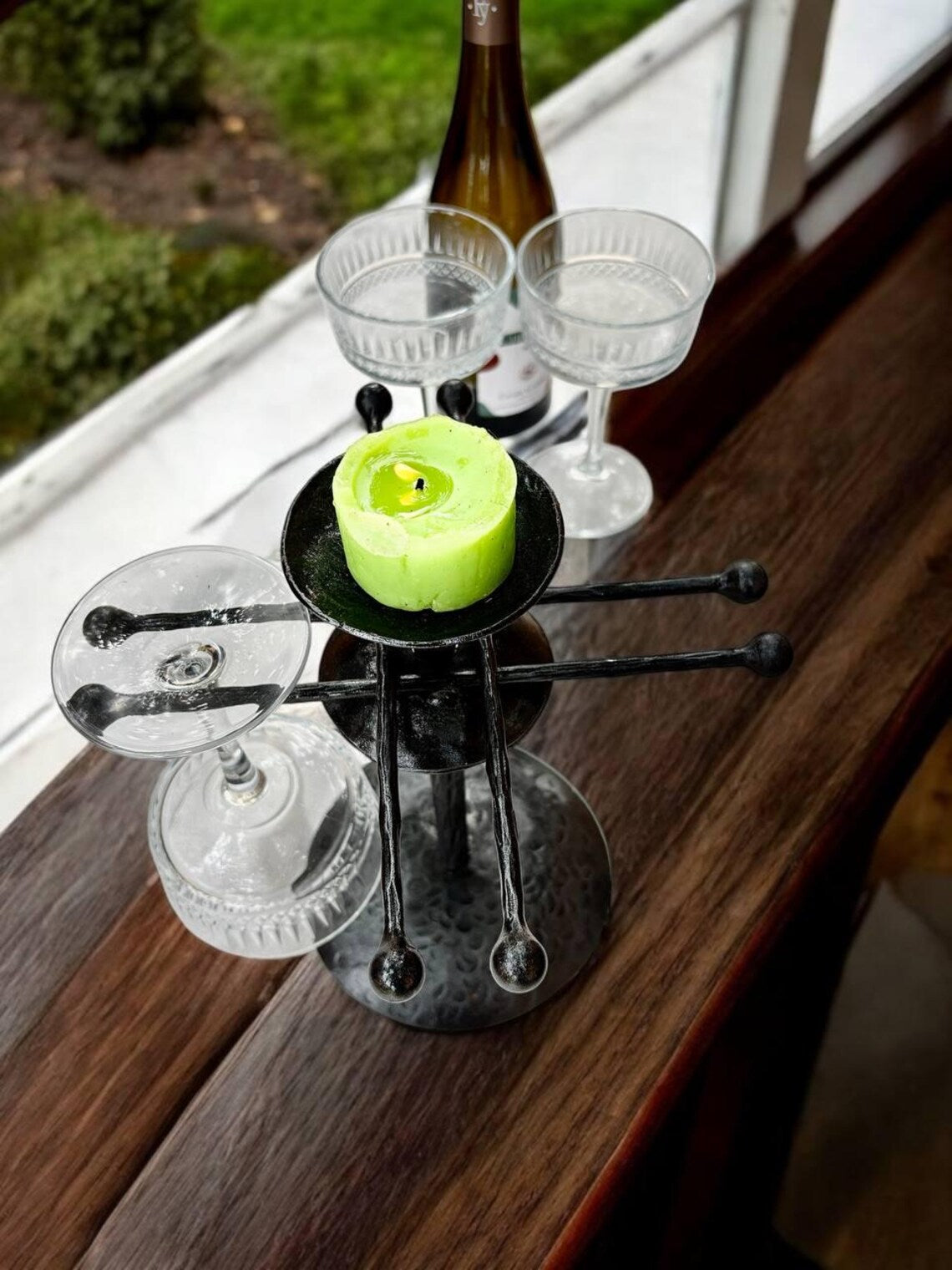 Hand Forged Iron Wine Glass Holder with Candle Tray: Rustic Bar Centerpiece, gift for the new arrival