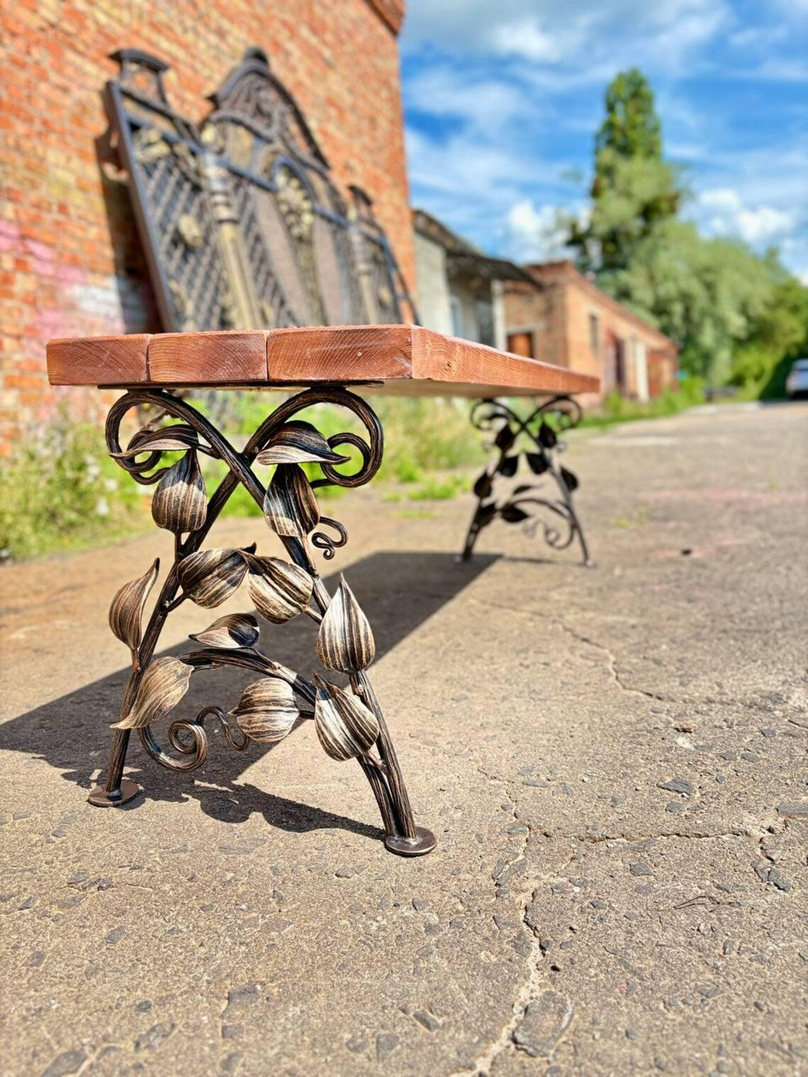 Hand Forged Wrought Iron Bench Legs: Rustic Vine & Leaf Design