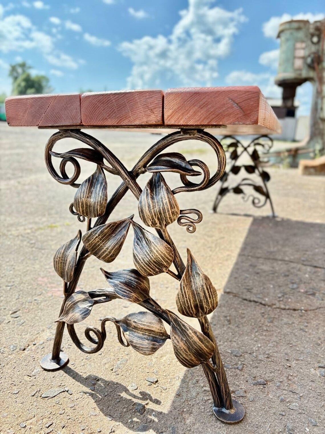 Hand Forged Wrought Iron Bench Legs: Rustic Vine & Leaf Design