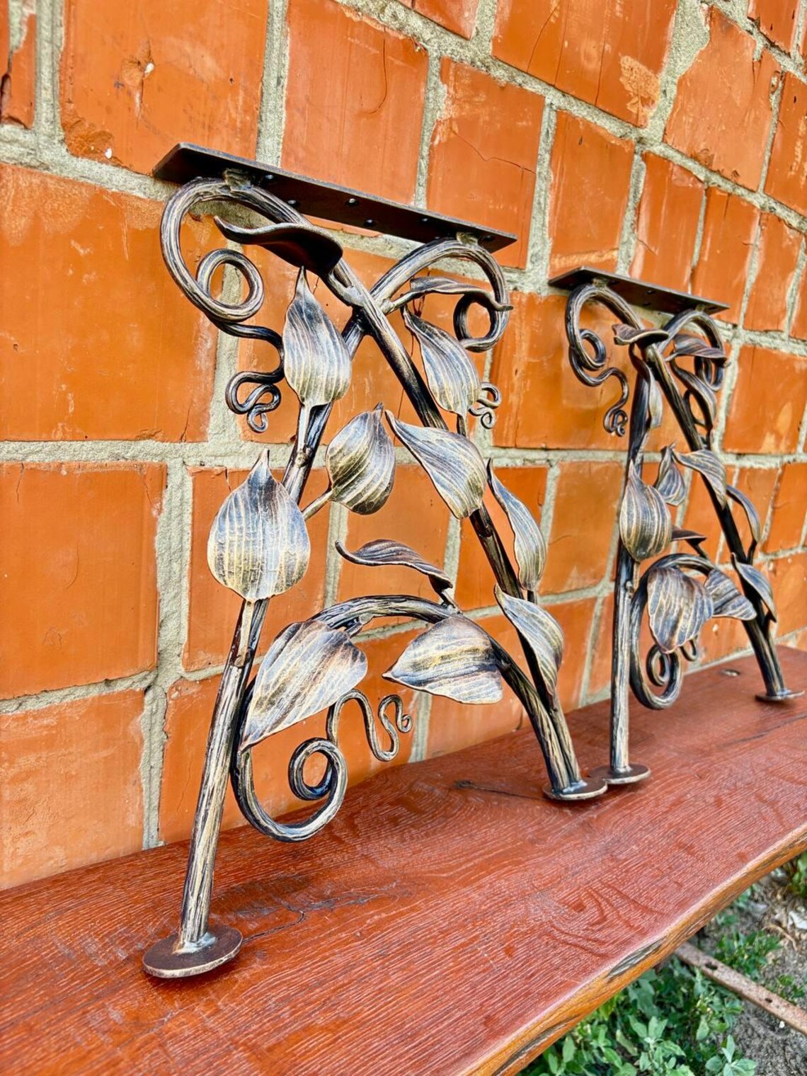 Hand Forged Wrought Iron Bench Legs: Rustic Vine & Leaf Design
