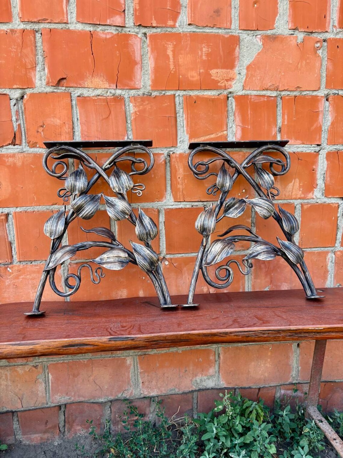 Hand Forged Wrought Iron Bench Legs: Rustic Vine & Leaf Design