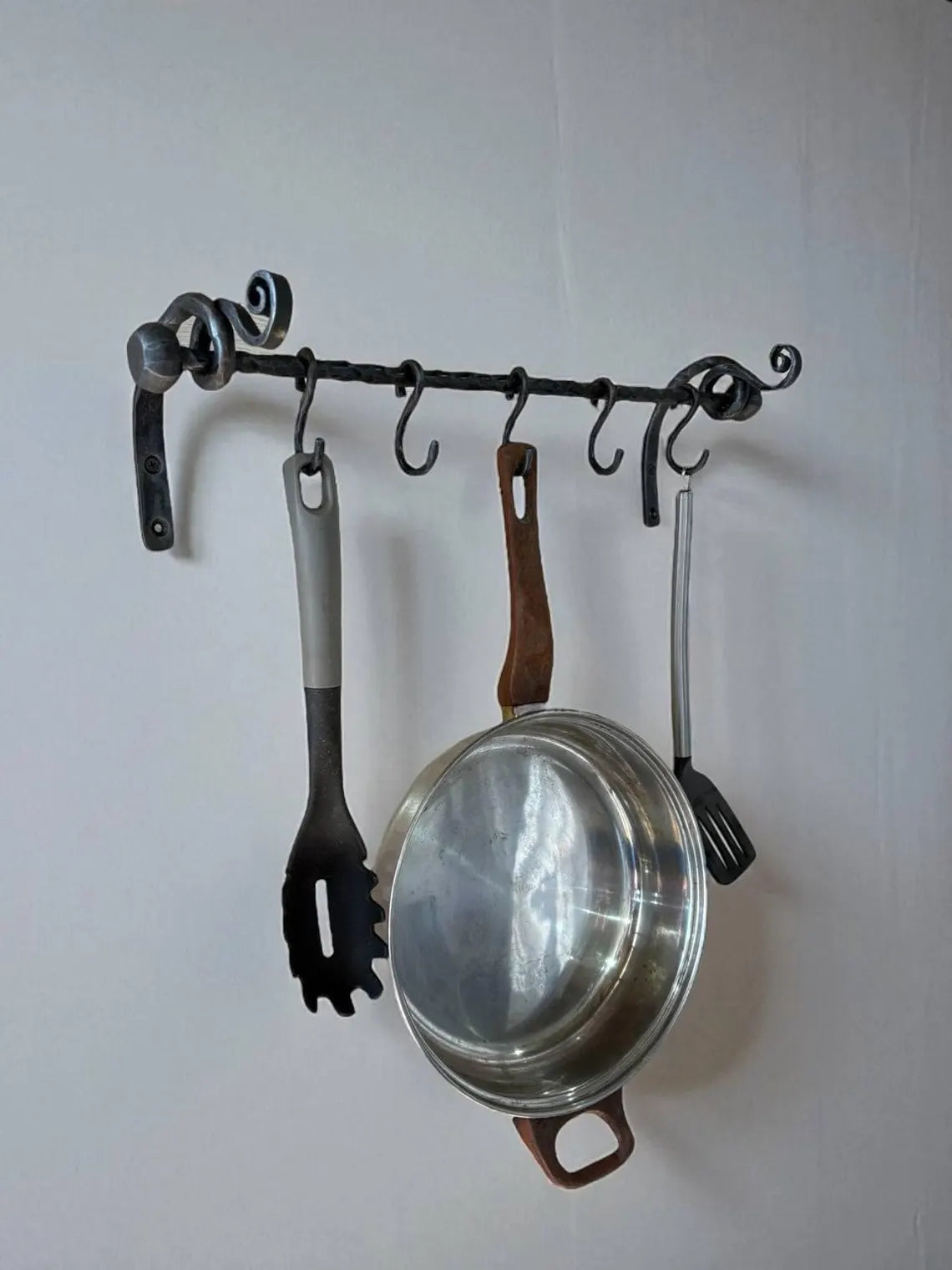 Hand Forged Iron Pot Rack: Rustic Kitchen Utensil Rail
