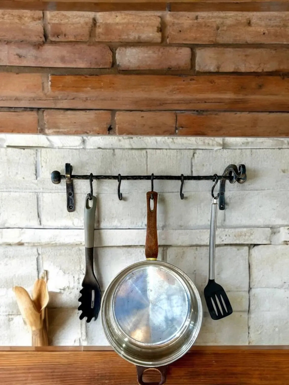Hand Forged Iron Pot Rack: Rustic Kitchen Utensil Rail