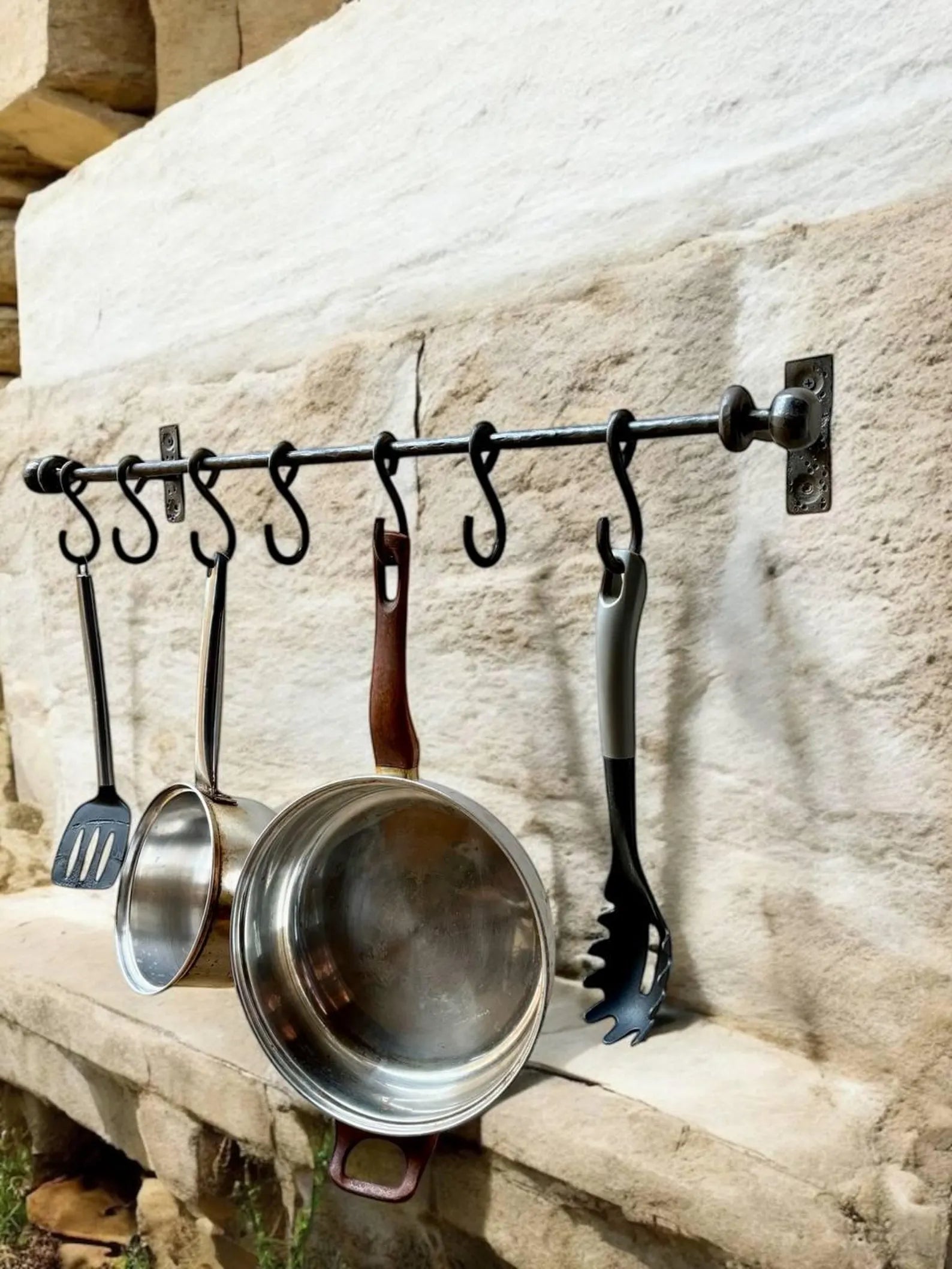 Hand-Forged Kitchen Rack — Rustic Iron Wall Organizer with Hooks