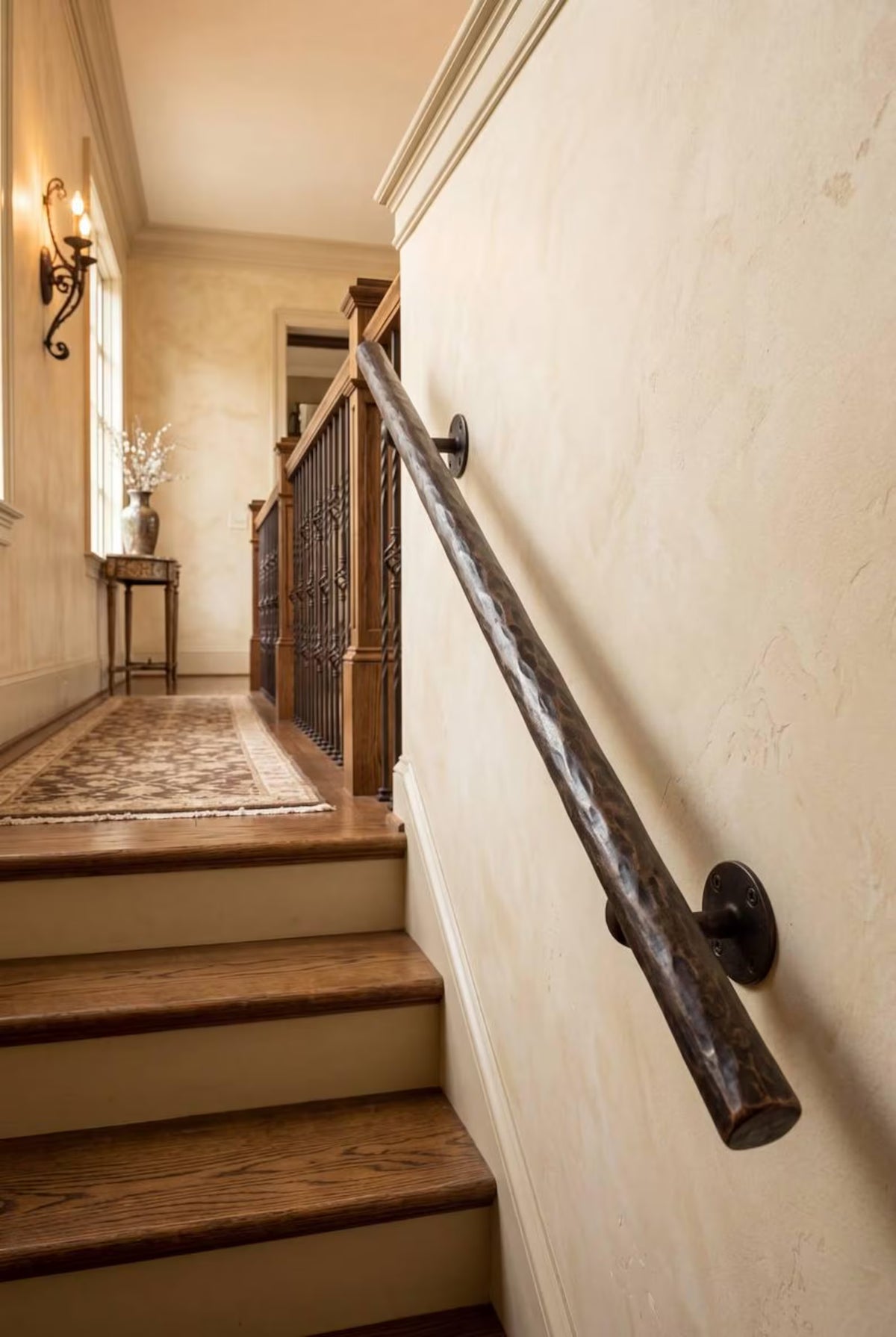 Hand Forged Steel Handrail | Modern Wall Mounted Stair Handrail | Artisan Textured Metal Handrail | Custom Indoor & Outdoor Stair Railing