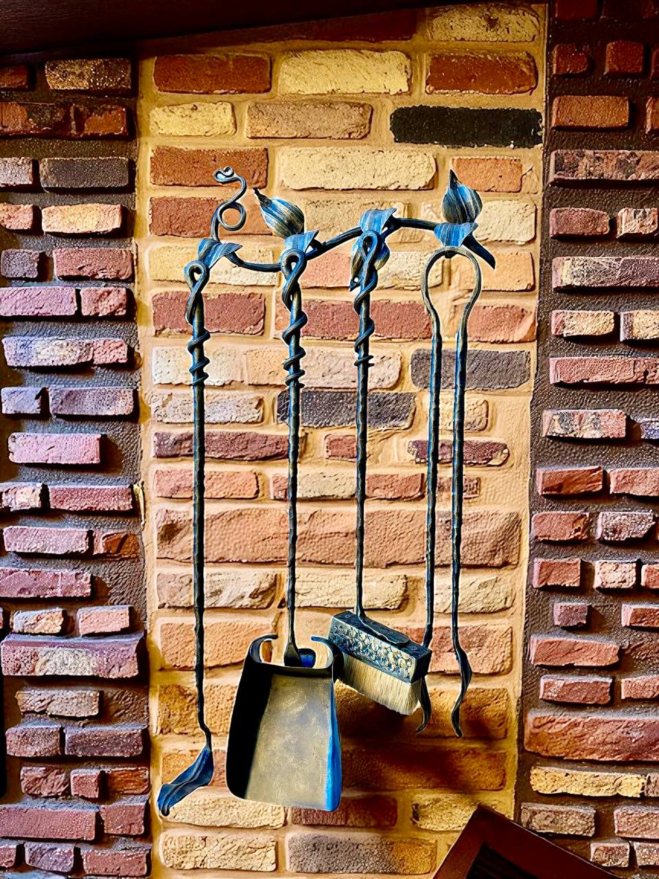 Hand Forged Fireplace Tool Set Wrought Iron Fire Tools with Leaf Hooks Nature Inspired Hearth Accessories Rustic Blacksmith Decor