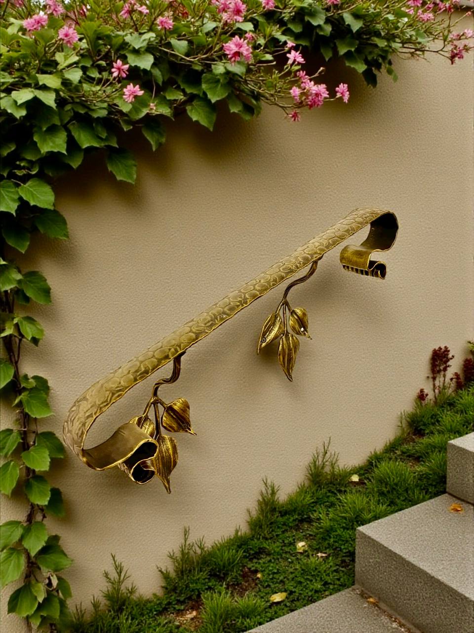 Outdoor Forged Metal Handrail — Hand-Forged Wall Railing for Porch,Entryway & Terrace,Bronze, Gold or Silver Patina,Weatherproof Artistic Stair Rail