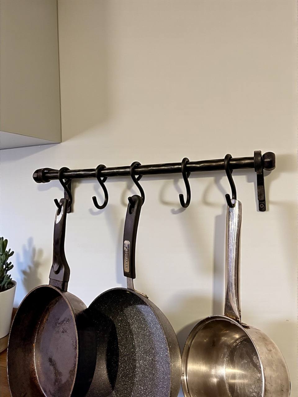 Forged Iron Kitchen Rail with Hooks–Heavy Duty Wall Pot Rack,Handcrafted Steel Tube