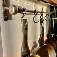 Hand-Forged Iron Kitchen Rack with Hooks,Heavy Duty Wrought Iron Pot and Pan Rail, Wall Mounted Utensil Holder, Custom Length 20–80 in