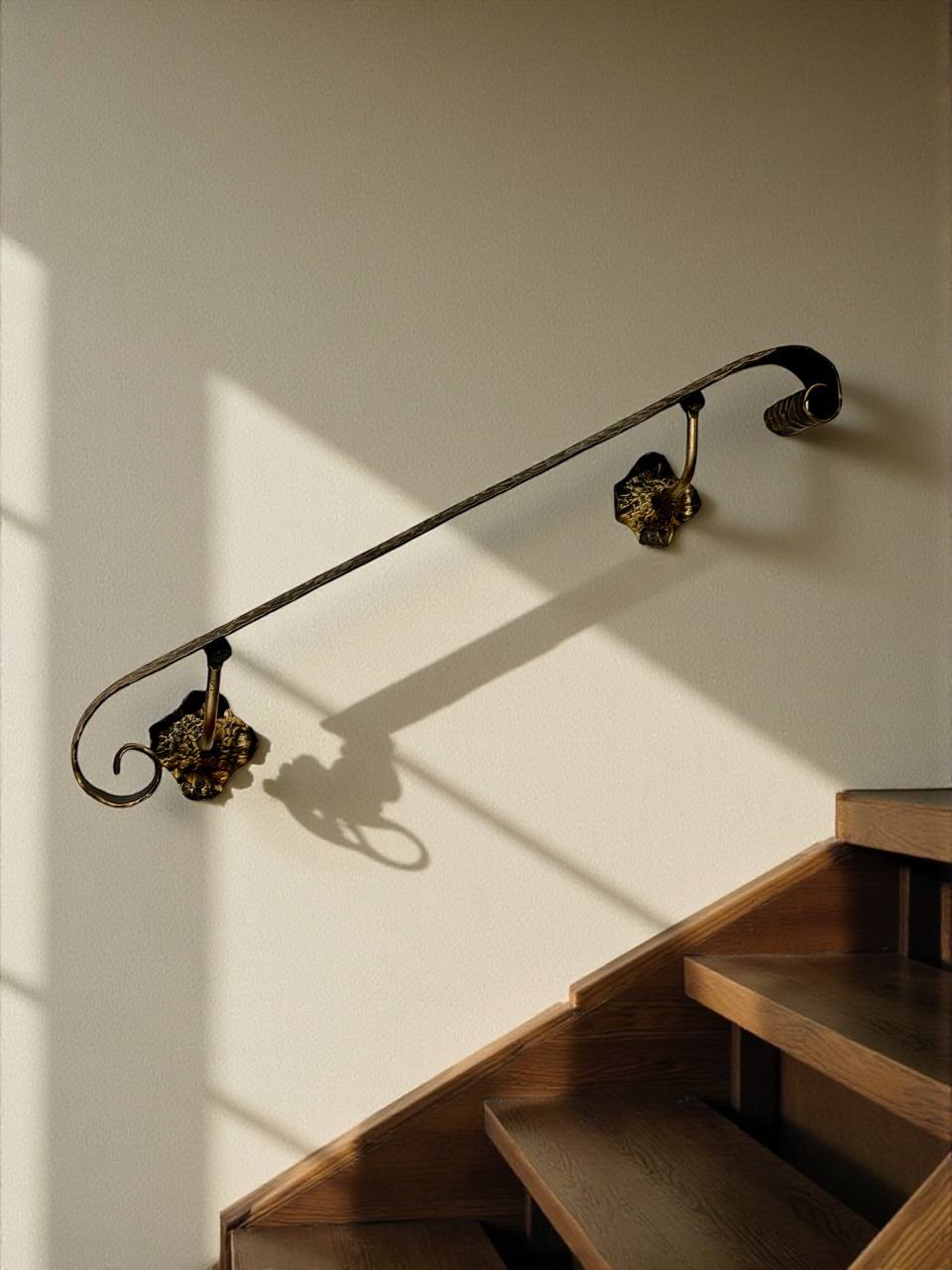 Luxury Forged Iron Stair Handrail with Swivel Brackets,Custom Length 16”–79”, 2” Wide Steel Rail,Safety Wall Railing,Indoor Outdoor,Black Bronze Gold Patina