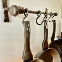 Hand-Forged Iron Kitchen Rack with Hooks,Heavy Duty Wrought Iron Pot and Pan Rail, Wall Mounted Utensil Holder, Custom Length 20–80 in