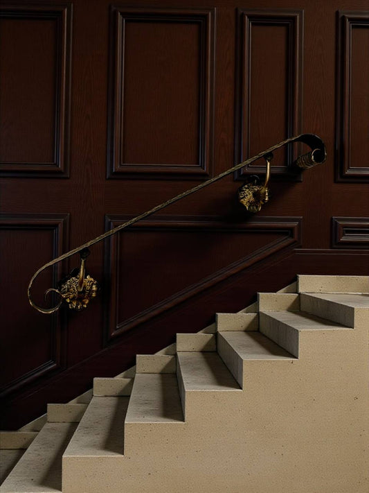 Luxury Forged Iron Stair Handrail with Swivel Brackets,Custom Length 16”–79”, 2” Wide Steel Rail,Safety Wall Railing,Indoor Outdoor,Black Bronze Gold Patina