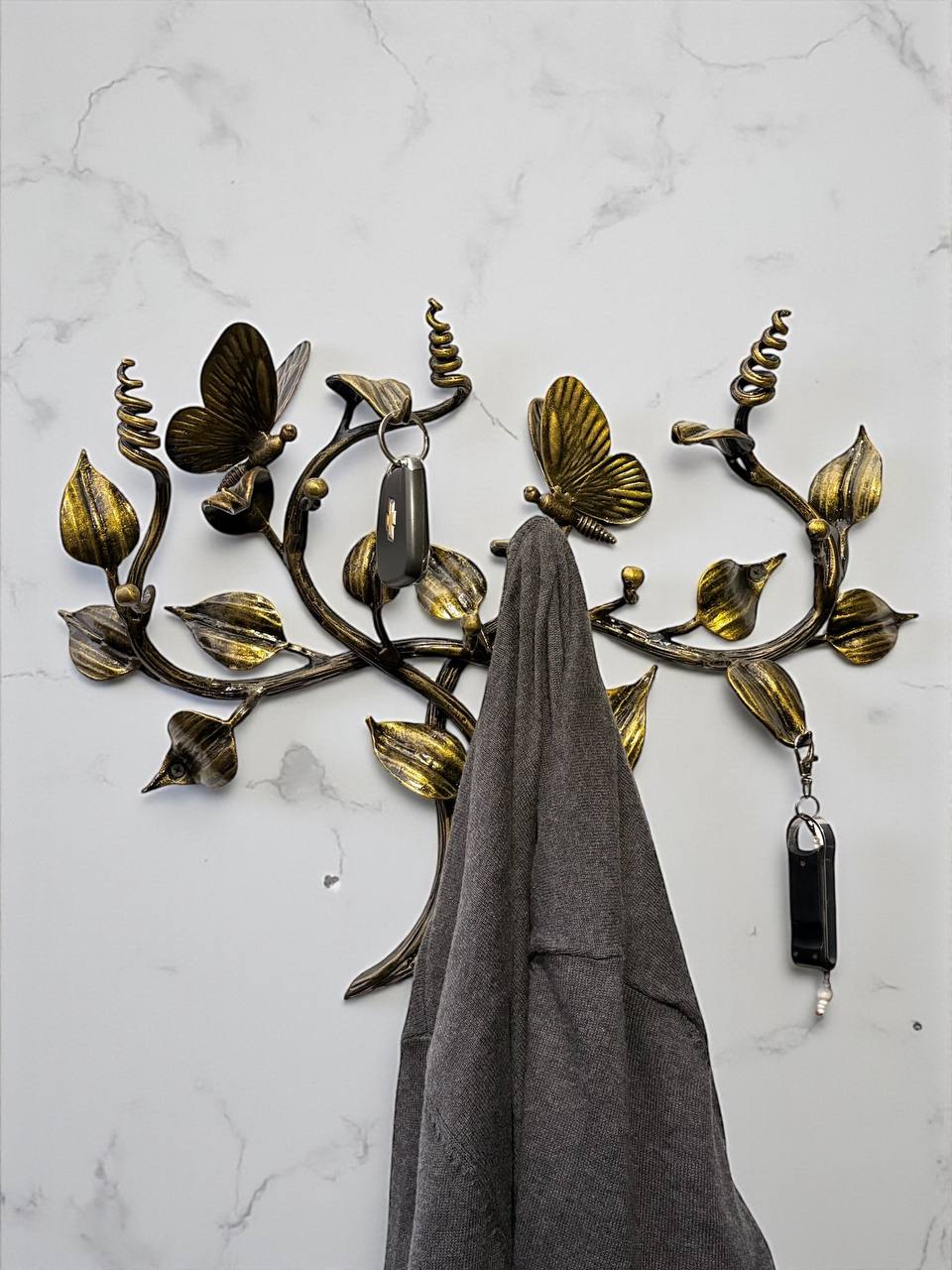 Christmas Gift ,Hand-Forged Butterfly Wall Art,Unique Metal Branch Hook Rack,Nature Inspired Sculpture,Holiday Gift for Mom,Home Decor