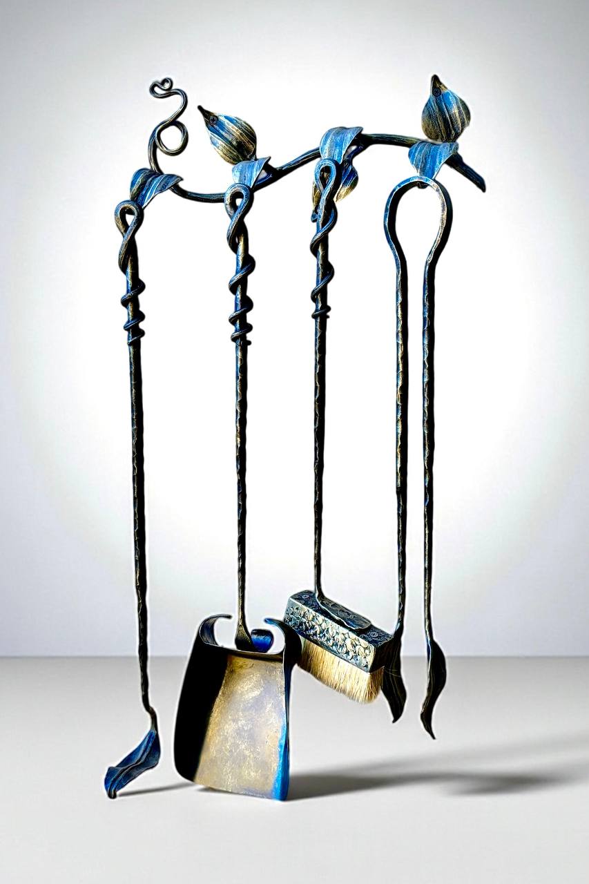 Hand Forged Fireplace Tool Set Wrought Iron Fire Tools with Leaf Hooks Nature Inspired Hearth Accessories Rustic Blacksmith Decor