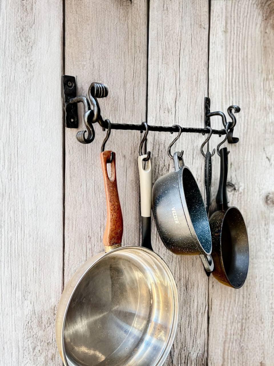 Wrought iron rack for cast iron pots and pans, premium handmade wall organizer for pots