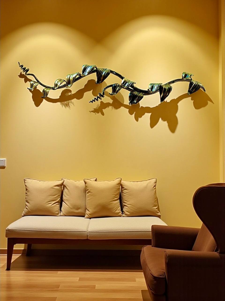 Modular Wrought Iron Wall Sculpture with Hooks,Hand Forged Iron Wall Hook Rack Branch, Metal Wall Decor with Leaves,Custom Length up to 20m