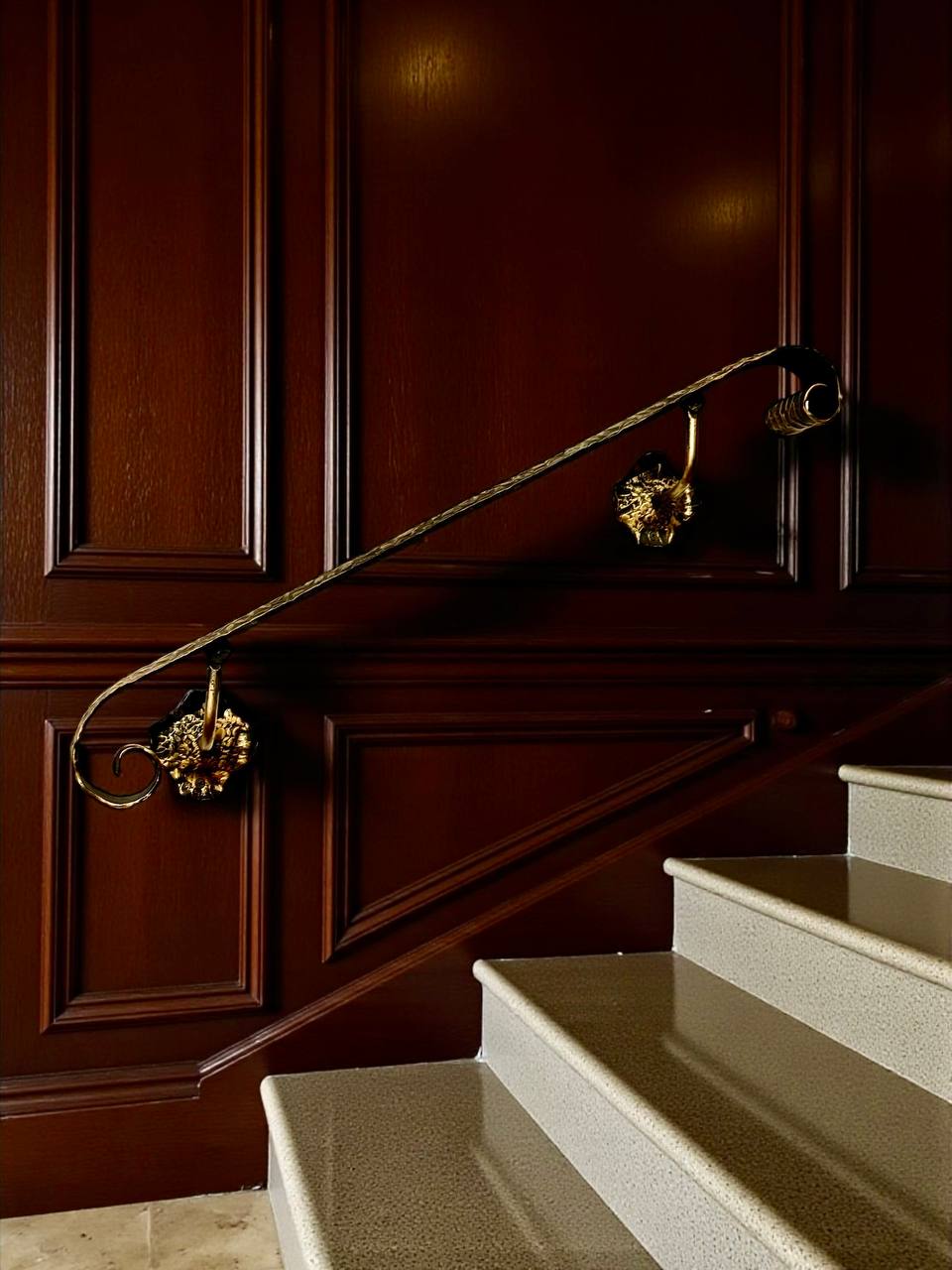Luxury Forged Iron Stair Handrail with Swivel Brackets,Custom Length 16”–79”, 2” Wide Steel Rail,Safety Wall Railing,Indoor Outdoor,Black Bronze Gold Patina