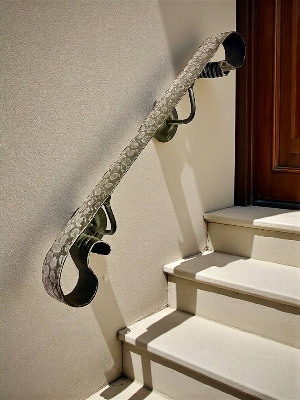 Modern loft forged handrail – minimalist steel railing for interior stairs, hammer-textured metal wall handrail made from solid 2-inch (50 mm) strap,industrial blacksmith art railing,custom size available