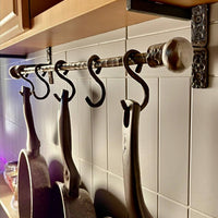 Hand-Forged Iron Kitchen Rack with Hooks,Heavy Duty Wrought Iron Pot and Pan Rail, Wall Mounted Utensil Holder, Custom Length 20–80 in
