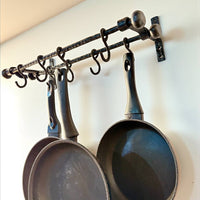 Hand Forged Iron Kitchen Shelf ,Double Bar Wall Mounted Pot and Cup Holder,Black Metal Organizer in Industrial Loft Style