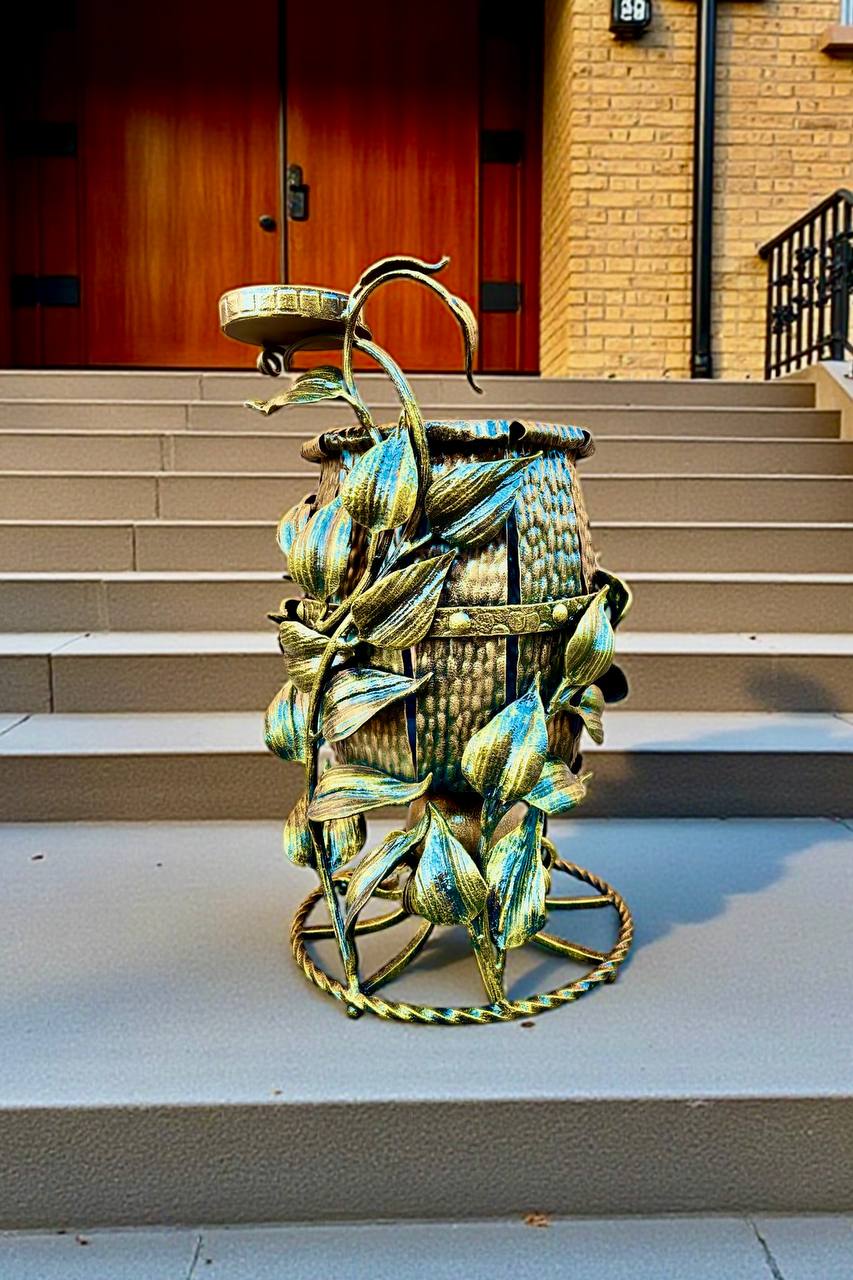 Hand-Forged Metal Outdoor Trash Bin with Ashtray: Decorative Garden Decor