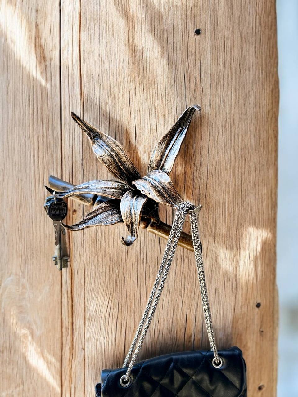 Handmade wall hook:metal holder for keys and bags,functional organizer for home,clothes,hats,unique design in the form of bamboo treehanger