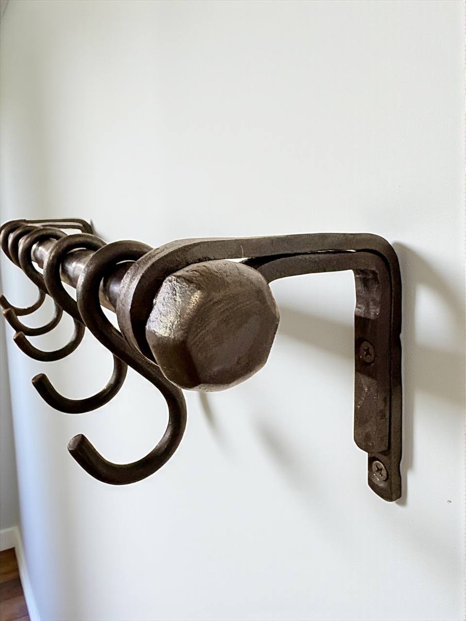 Forged Iron Kitchen Rail with Hooks–Heavy Duty Wall Pot Rack,Handcrafted Steel Tube