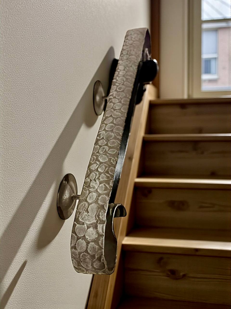 Modern loft forged handrail – minimalist steel railing for interior stairs, hammer-textured metal wall handrail made from solid 2-inch (50 mm) strap,industrial blacksmith art railing,custom size available