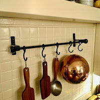 Hand-Forged Iron Kitchen Rack with Hooks,Heavy Duty Wrought Iron Pot and Pan Rail, Wall Mounted Utensil Holder, Custom Length 20–80 in