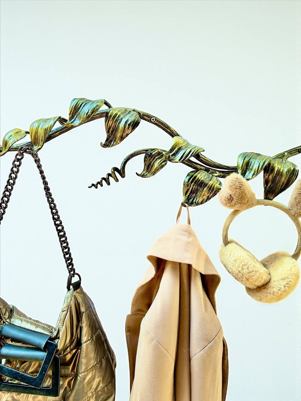 Modular Wrought Iron Wall Sculpture with Hooks,Hand Forged Iron Wall Hook Rack Branch, Metal Wall Decor with Leaves,Custom Length up to 20m
