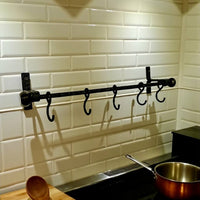 Hand-Forged Iron Kitchen Rack with Hooks,Heavy Duty Wrought Iron Pot and Pan Rail, Wall Mounted Utensil Holder, Custom Length 20–80 in