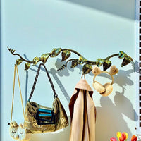 Modular Wrought Iron Wall Sculpture with Hooks,Hand Forged Iron Wall Hook Rack Branch, Metal Wall Decor with Leaves,Custom Length up to 20m