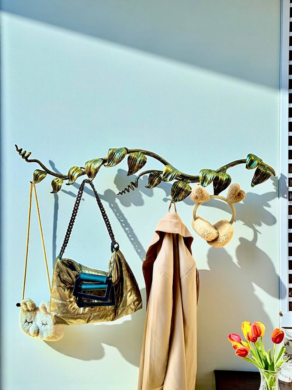 Modular Wrought Iron Wall Sculpture with Hooks,Hand Forged Iron Wall Hook Rack Branch, Metal Wall Decor with Leaves,Custom Length up to 20m