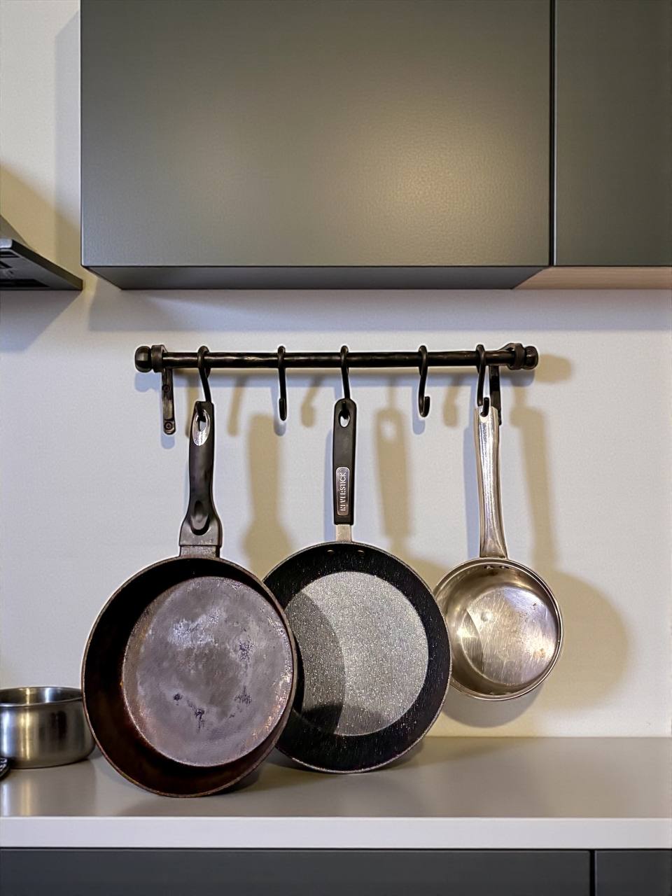 Forged Iron Kitchen Rail with Hooks–Heavy Duty Wall Pot Rack,Handcrafted Steel Tube