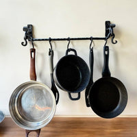 Wrought iron rack for cast iron pots and pans, premium handmade wall organizer for pots