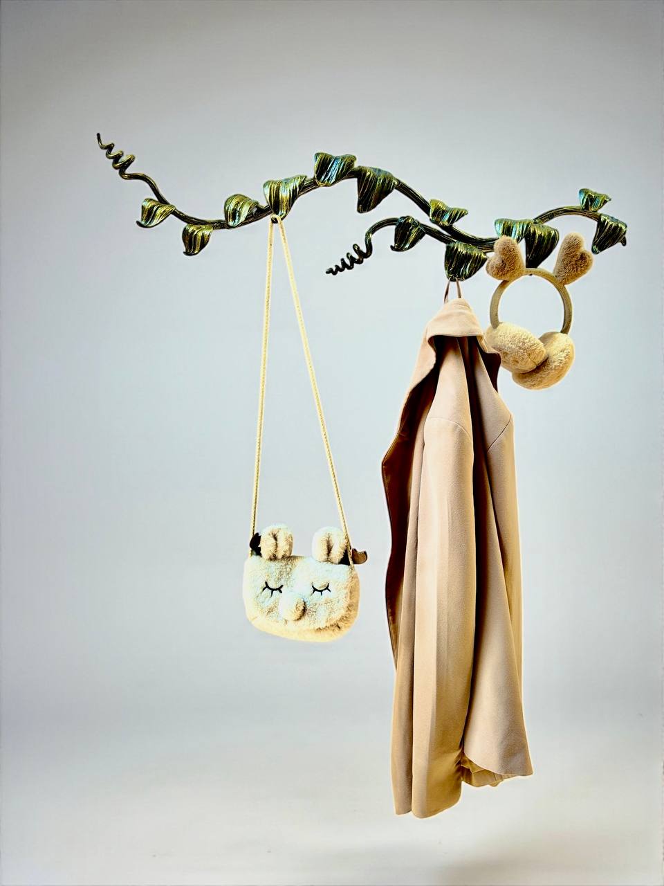 Modular Wrought Iron Wall Sculpture with Hooks,Hand Forged Iron Wall Hook Rack Branch, Metal Wall Decor with Leaves,Custom Length up to 20m