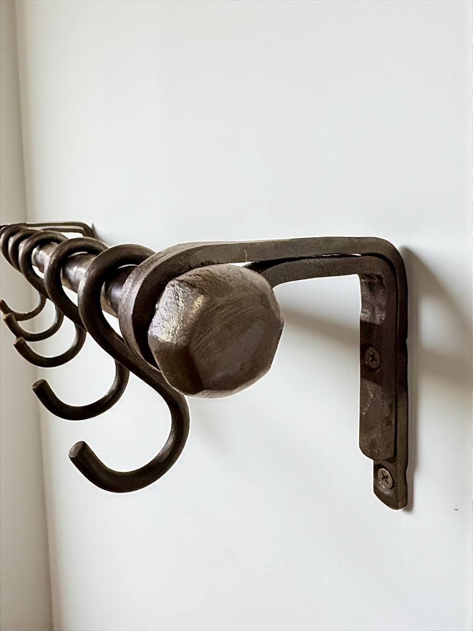 Forged Iron Kitchen Rail with Hooks–Heavy Duty Wall Pot Rack,Handcrafted Steel Tube