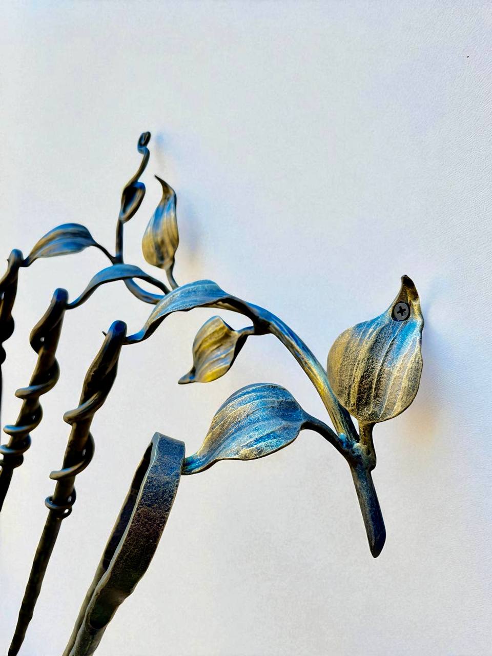 Hand Forged Fireplace Tool Set Wrought Iron Fire Tools with Leaf Hooks Nature Inspired Hearth Accessories Rustic Blacksmith Decor