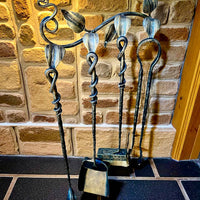 Hand Forged Fireplace Tool Set Wrought Iron Fire Tools with Leaf Hooks Nature Inspired Hearth Accessories Rustic Blacksmith Decor