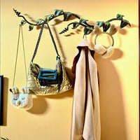 Modular Wrought Iron Wall Sculpture with Hooks,Hand Forged Iron Wall Hook Rack Branch, Metal Wall Decor with Leaves,Custom Length up to 20m