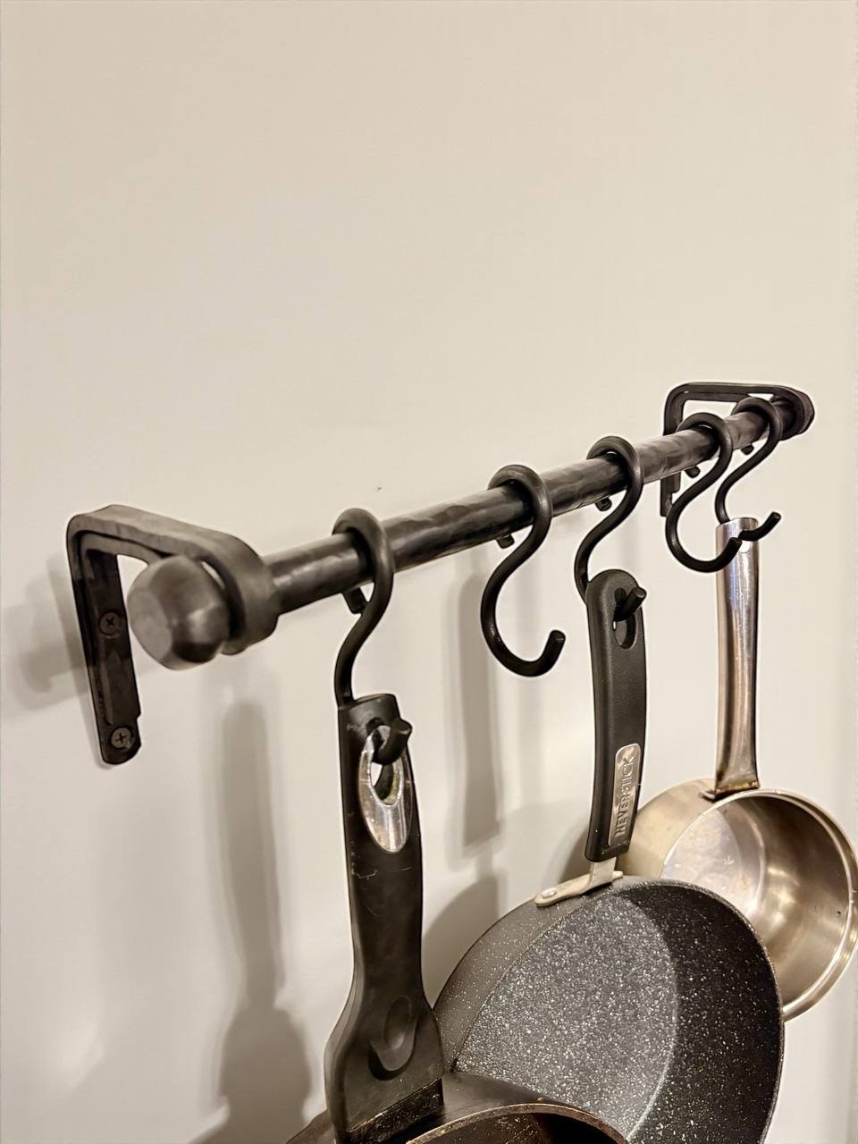 Forged Iron Kitchen Rail with Hooks–Heavy Duty Wall Pot Rack,Handcrafted Steel Tube